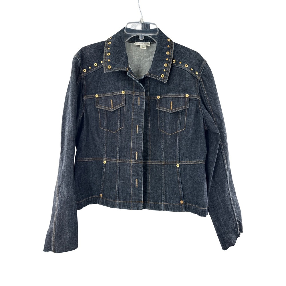 St John Sport Womens Dark Wash Studded Denim Jacket Grommet SJ Logo Large READ‎